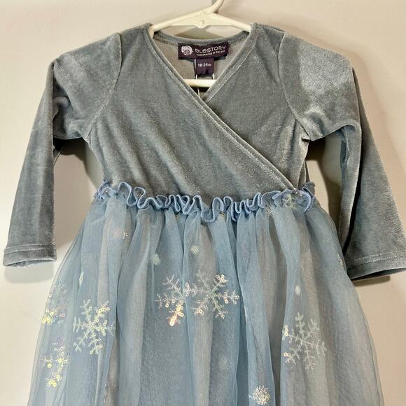 EleStory Toddler Girls Story Ballroom Dress Blue 18-24M NWT Velour Snowflake - Picture 2 of 7